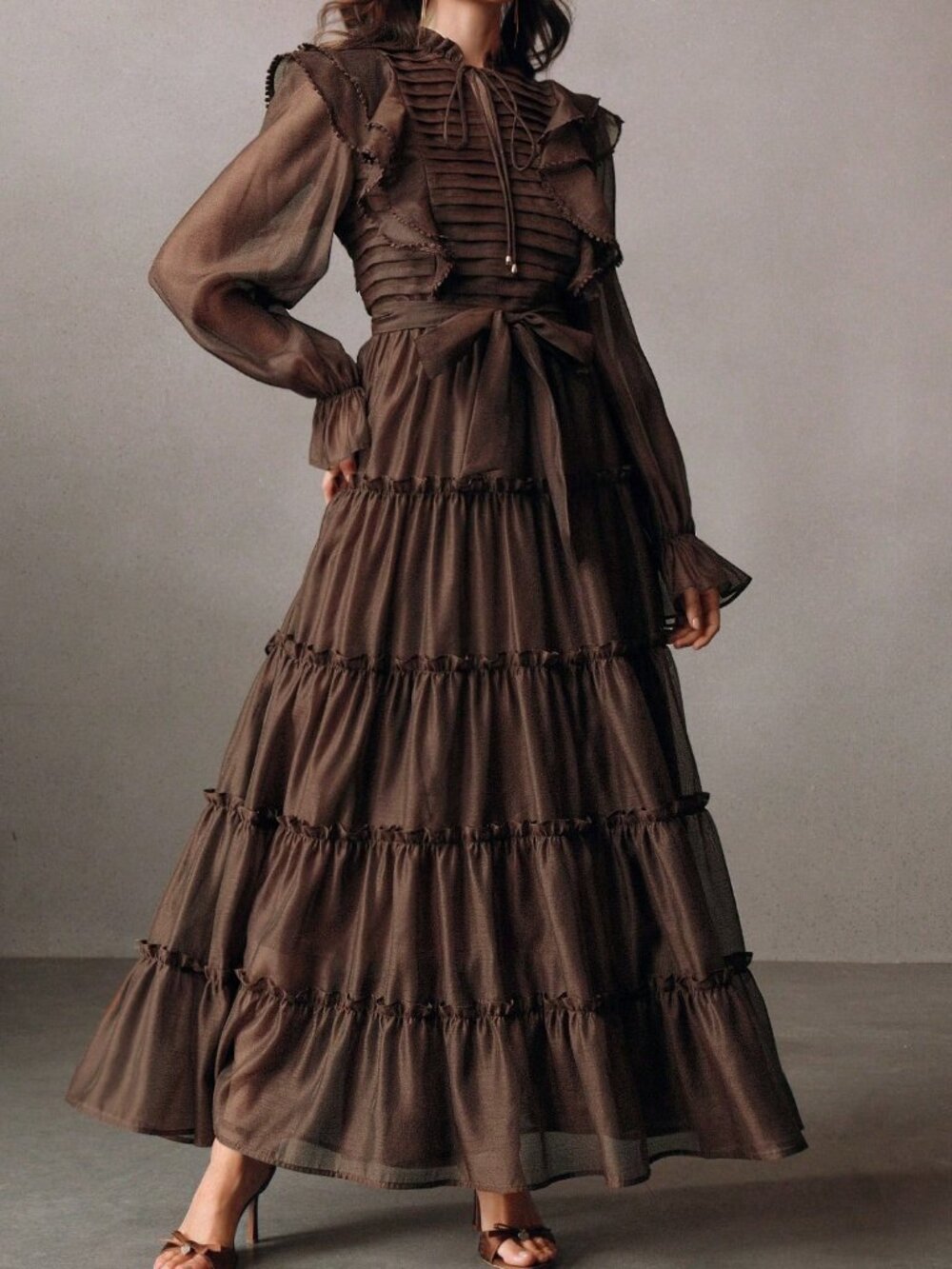 Brown Elegant Women's Elaire Flare Sleeve Tie Neck A-Line High Waist Long Dress - Picture 3 of 8